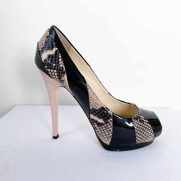 Giuseppe Zanotti Patent Leather Python Tricolor Peep Toe Pumps Size 37 - Picture 1 of 8